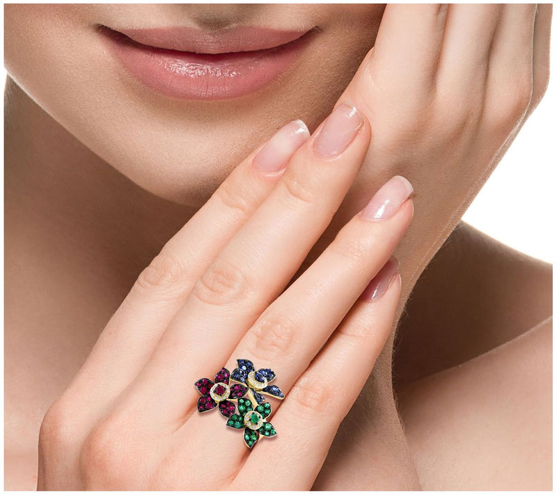 Effy Multi-Gemstone & Diamond Floral Ring, 14KGold — View 4
