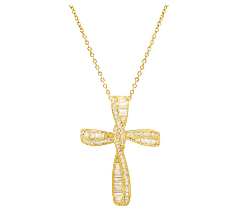 Sterling Silver Baguette Cut Twisted Cross Pendant w/ Chain — View 5
