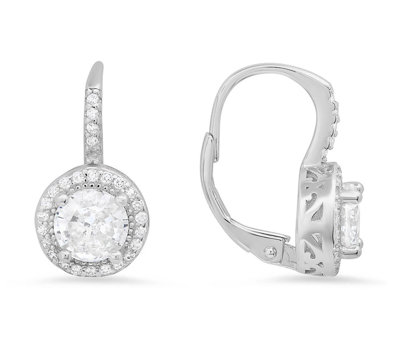 Sterling Silver Round Cut Halo Leverback Earr ings — Main view