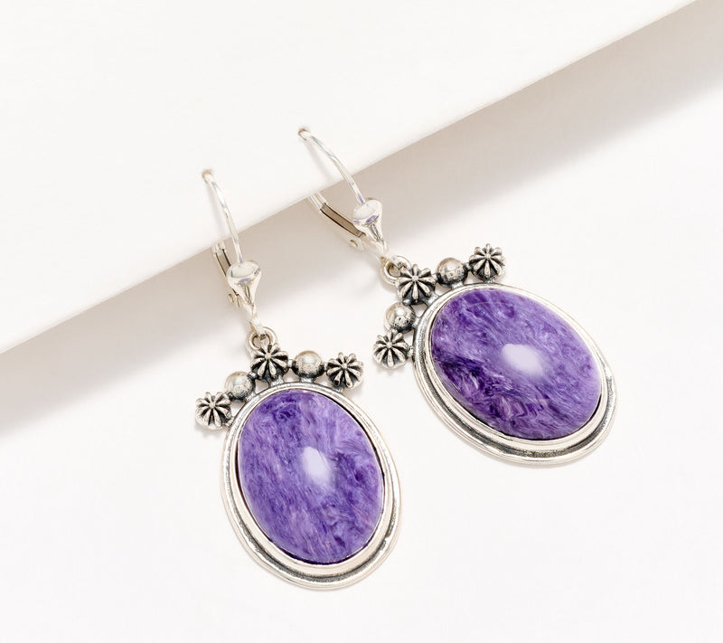 American West Sterling Silver Oval Gemstone Concha Lever Back Earrings — View 10
