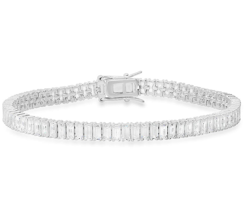 Sterling Silver Baguette-Cut Simulated Diamondennis Bracelet — View 4