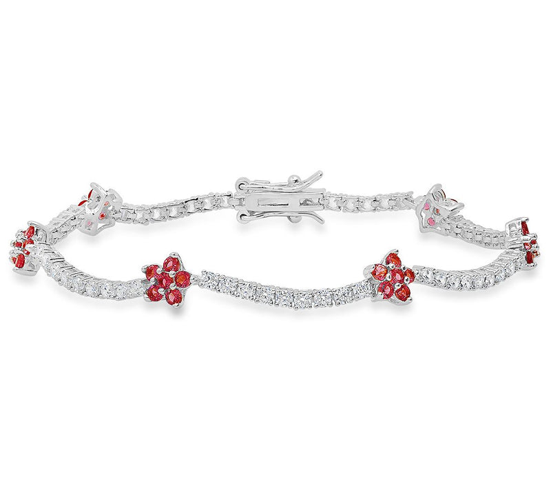 Sterling Silver Pink Simulated Diamond Floral Tennis Bracelet — Main view