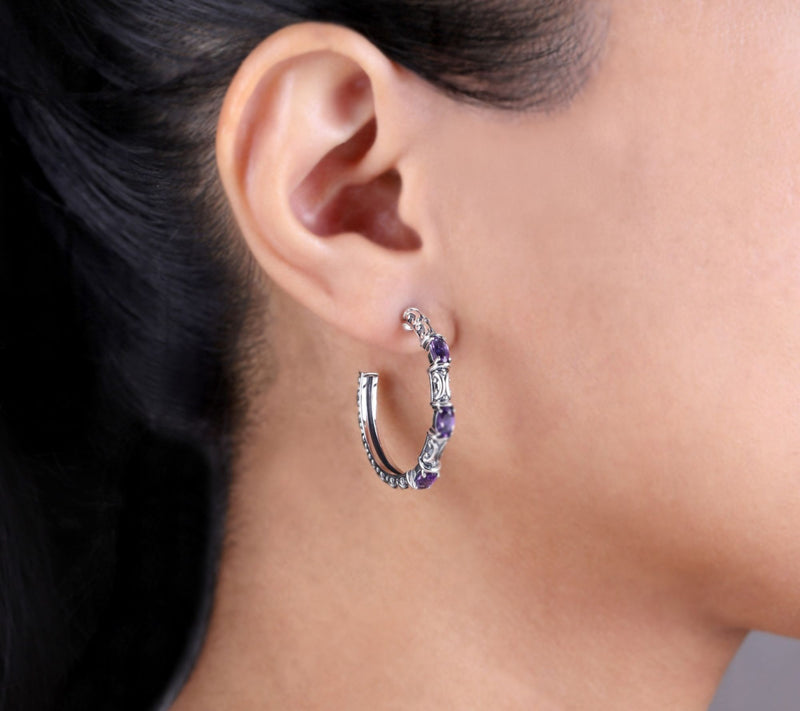 Elyse Ryan Silver Scroll Gemstone Hoop Earrings — View 16