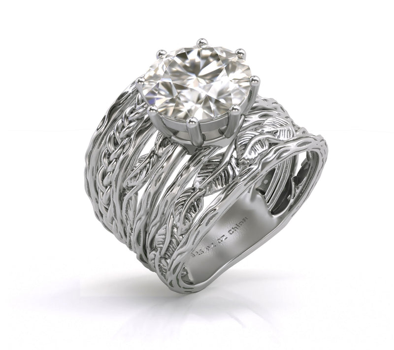 Diamonique Leaf & Braid Thick Band Ring, Sterling Silver — Main view