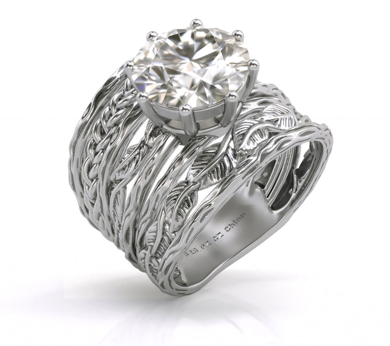 Diamonique Leaf & Braid Thick Band Ring, Sterling Silver — View 3
