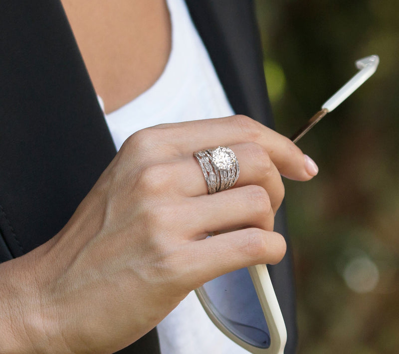Diamonique Leaf & Braid Thick Band Ring, Sterling Silver — View 4