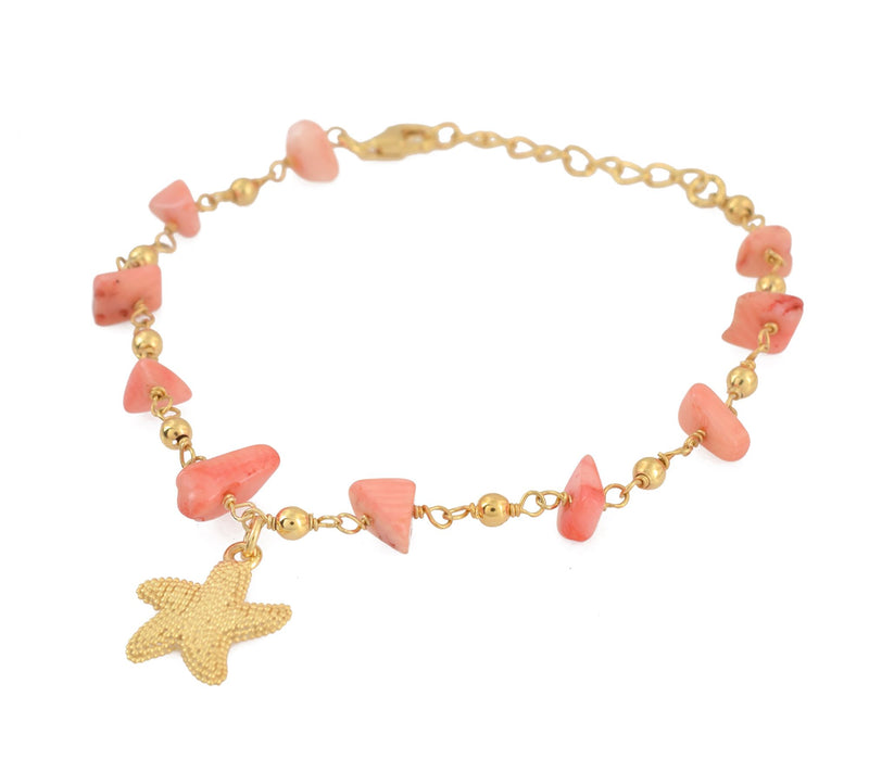 14K Gold Plated Pink Coral Star Fish Charm Bracelet — View 3