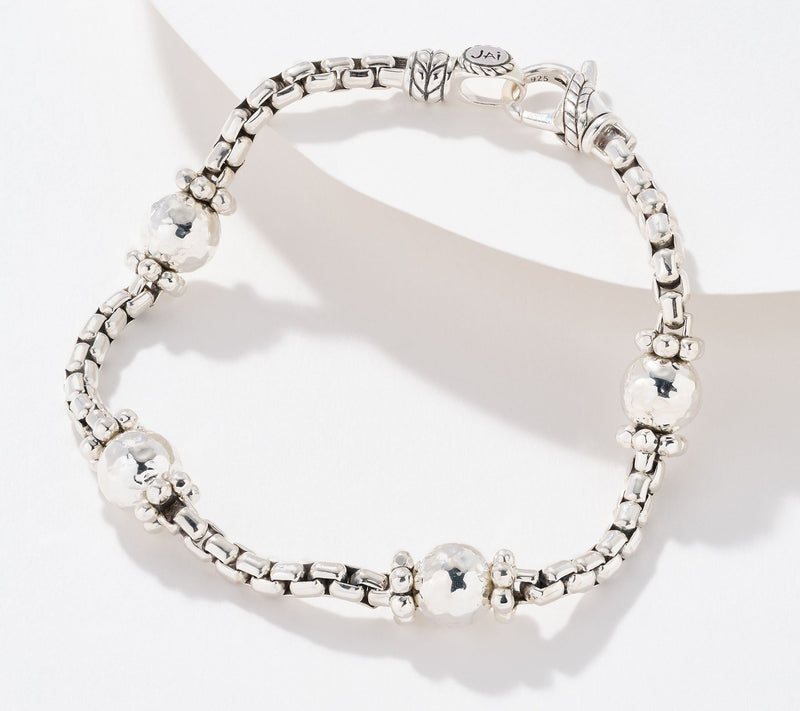 JAI Sterling Silver Hammered Bead 3.7mm Box Chain Bracelet, 13.5g — View 3