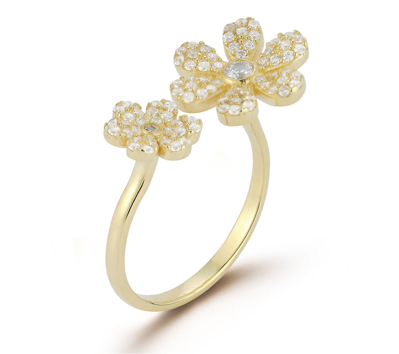 Sterlina Silver Pave Double Flower Cuff Ring, Sterling — View 2