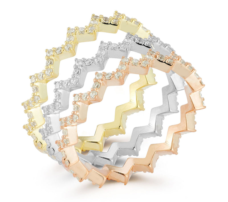 Sterlina Silver Tri-Color Pave Zig Zag Ring Set, Sterling — View 2