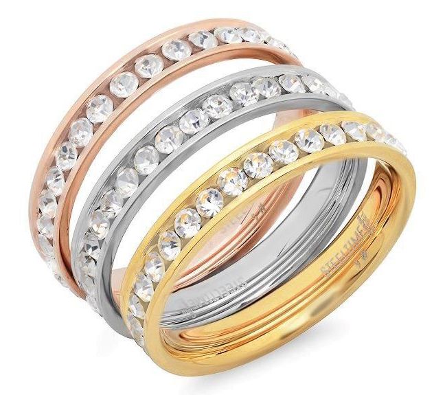 Steel By Design Tri-Tone Cubic Zirconia 3 PieceRing Set — Main view