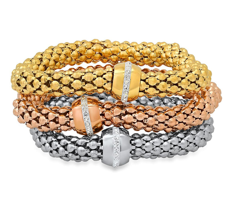 Steel By Design Tri-Tone Cubic Zirconia Mesh Bracelet Set — View 3