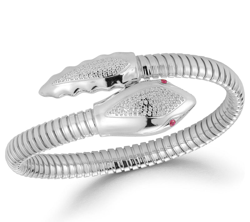 Italian Silver Ribbed Pave Snake Bangle, Sterling — View 7