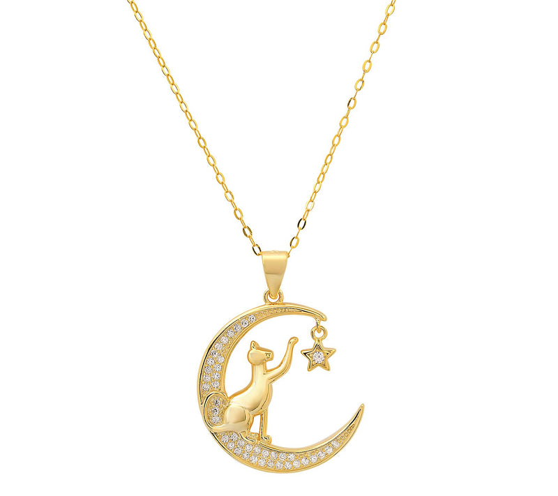 Diamonique Playful Cat Moon Pendant w/ Chain, Sterling Silver — View 2