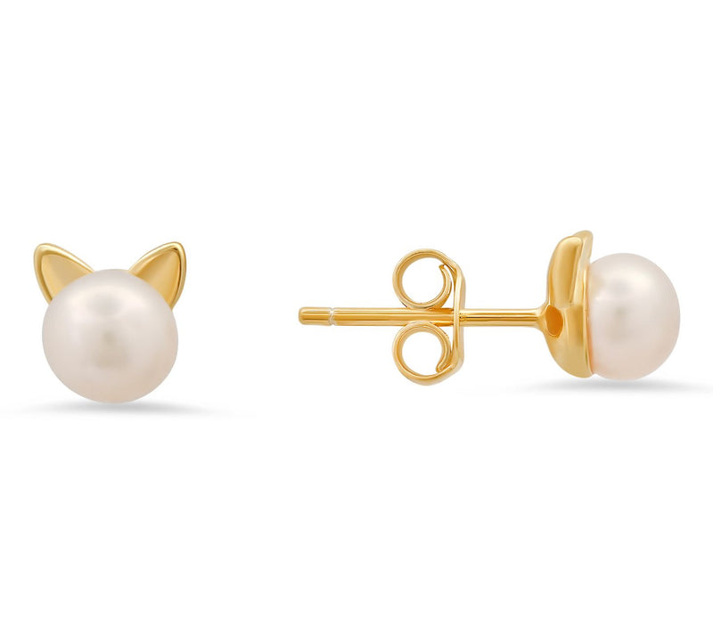 Cultured Pearl Kitty Cat Stud Earrings, Sterling Silver — Main view