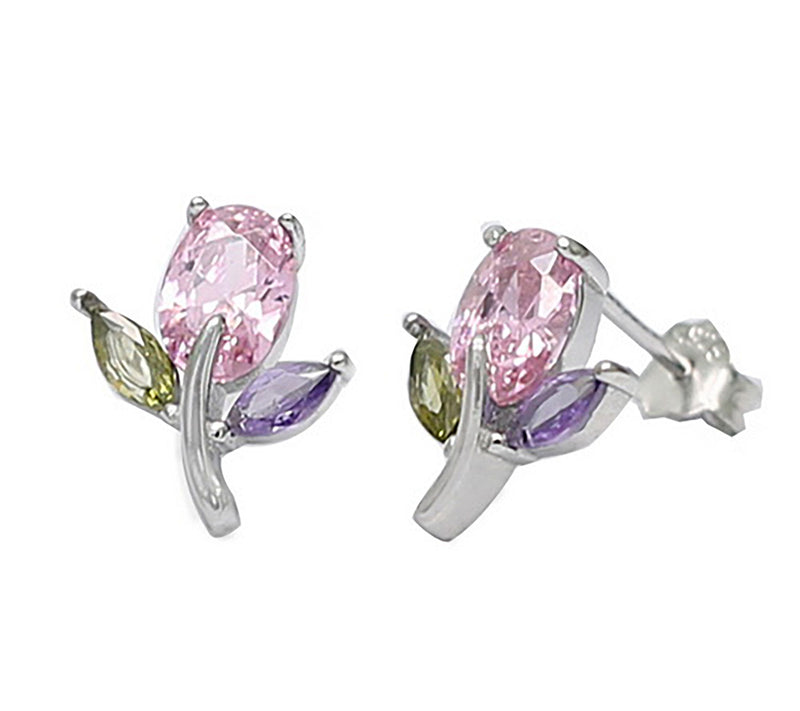 Diamonique Multi-Color Flower Stud Earrings, Sterling Silver — View 2