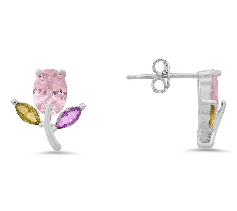 Diamonique Multi-Color Flower Stud Earrings, Sterling Silver — View 5