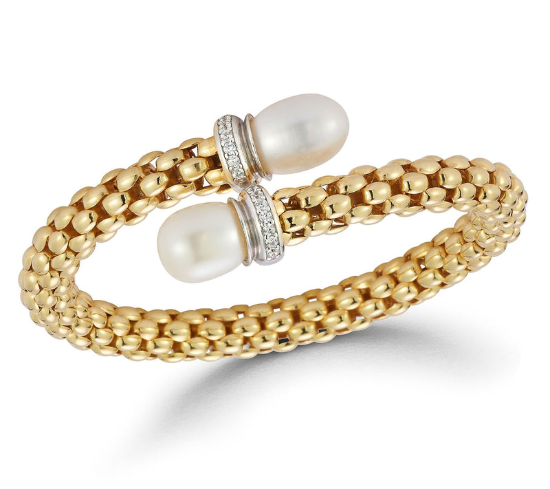 Italian Silver Cultured Pearl Popcorn Bypass Bangle, Sterling — View 5
