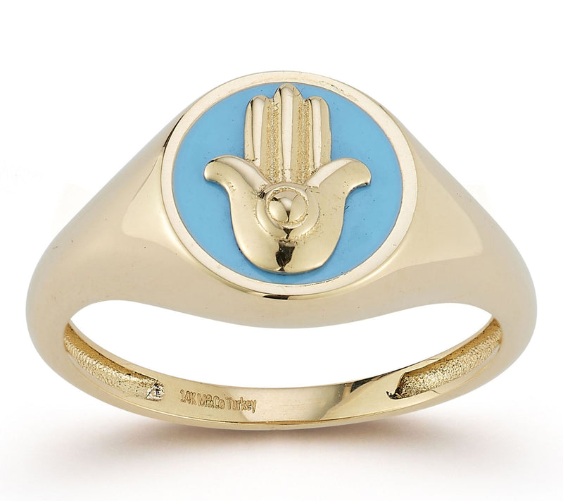 Luminosa Gold Enamel Hamsa Hand Signet Ring, 14K — Main view