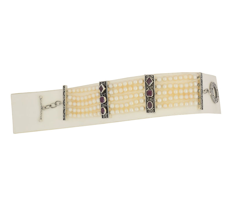 Sterling Silver Cultured Pearl & Indian Ruby Bracelet — Main view