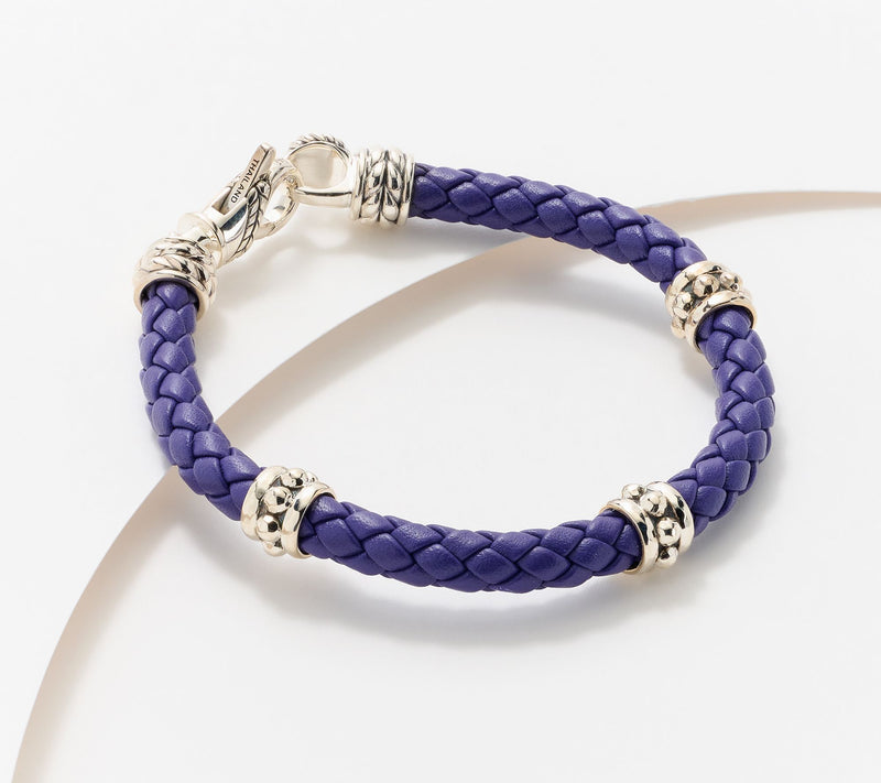 JAI Sterling Silver Braided Leather Bead Station Bracelet, 11.5g — View 3
