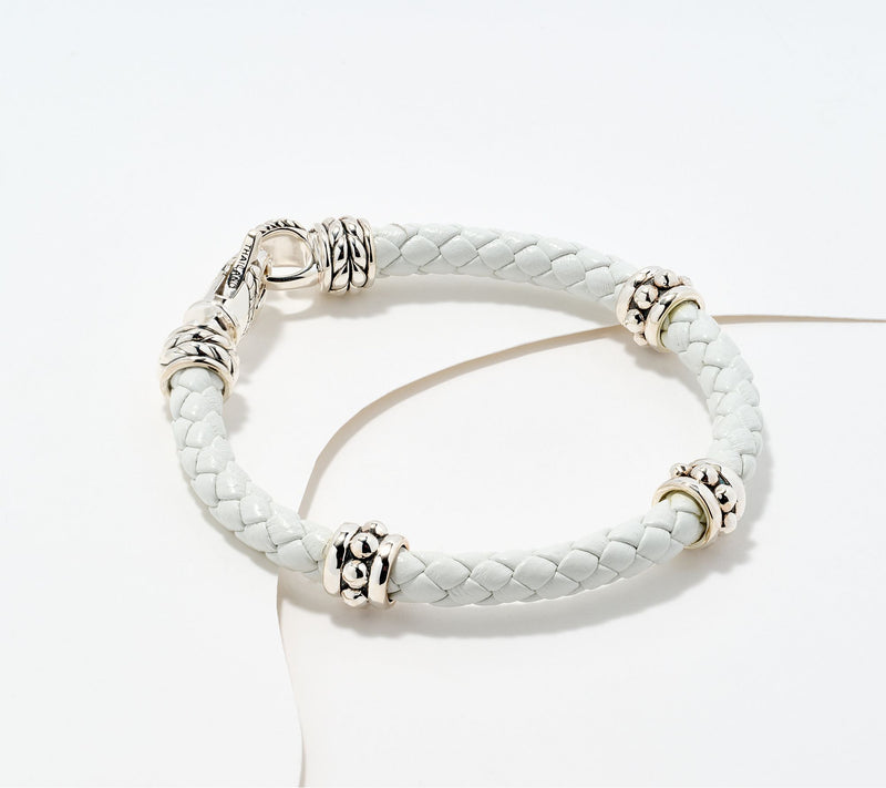 JAI Sterling Silver Braided Leather Bead Station Bracelet, 11.5g — View 15