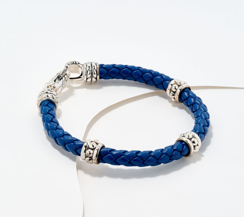 JAI Sterling Silver Braided Leather Bead Station Bracelet, 11.5g — View 16