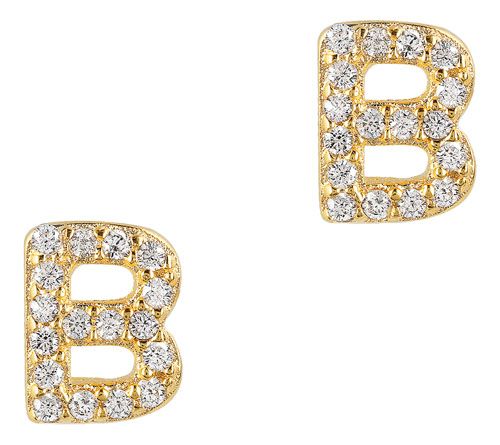 Diamonique Initial Stud Earrings, 14K Gold Plated — View 5