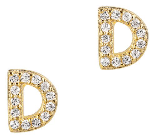 Diamonique Initial Stud Earrings, 14K Gold Plated — View 7