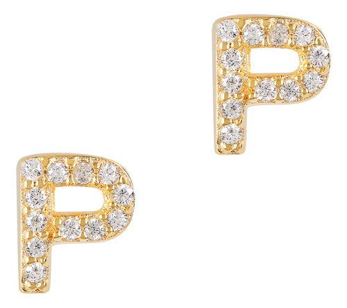 Diamonique Initial Stud Earrings, 14K Gold Plated — View 19