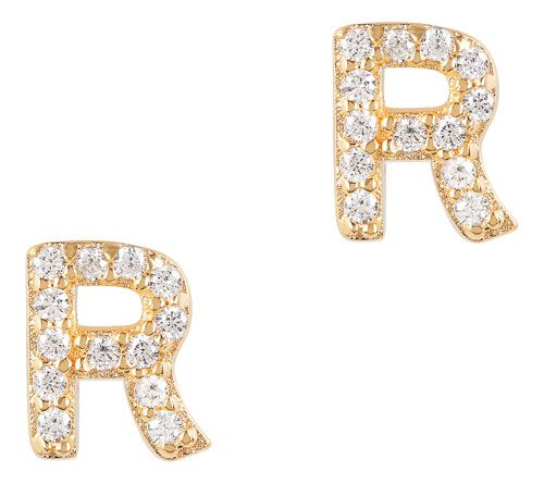 Diamonique Initial Stud Earrings, 14K Gold Plated — View 21