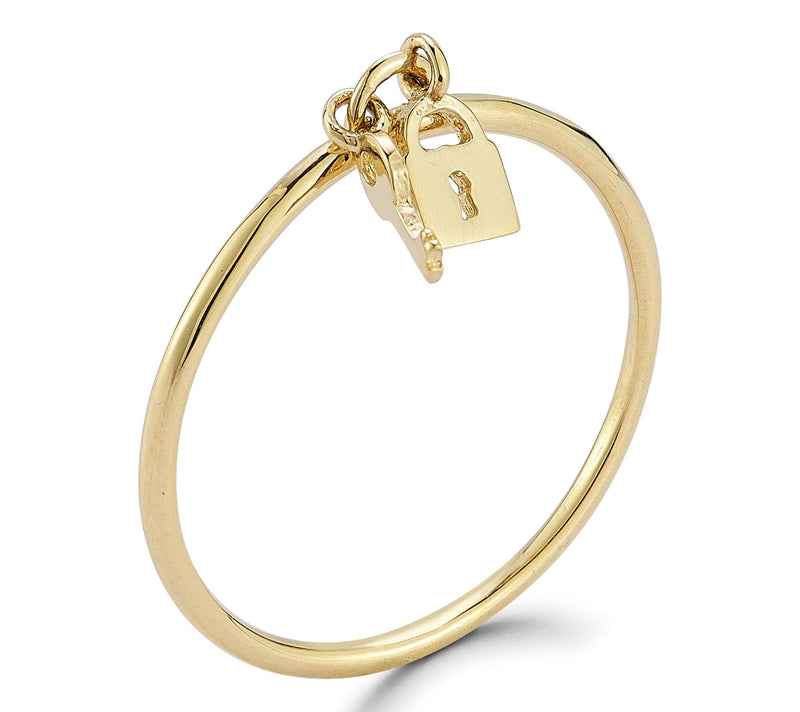 Italian Gold Lock and Key Charm Ring, 14K — View 2