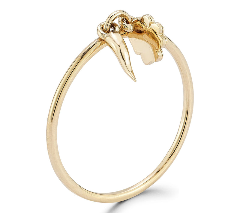 Italian Gold Lucky Horn and Clover Charm Ring,14K — View 2
