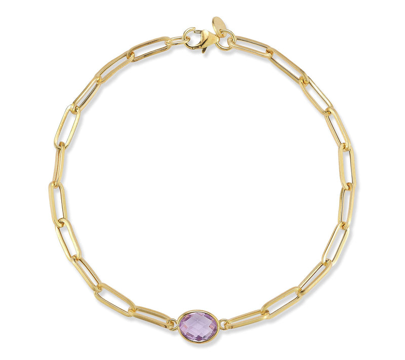 Italian Gold Oval Cut Gemstone Paperclip Bracelet, 14K — View 7