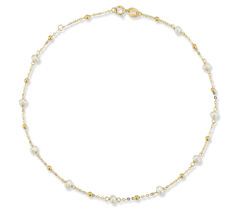 Italian Gold Cultured Pearl & Ball Station Ankle Bracelet, 14K — View 6