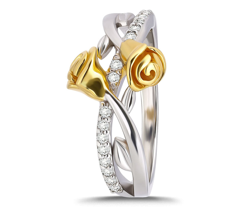 Diamonique Two-Tone Rose Design Bypass Ring, Sterling — View 2