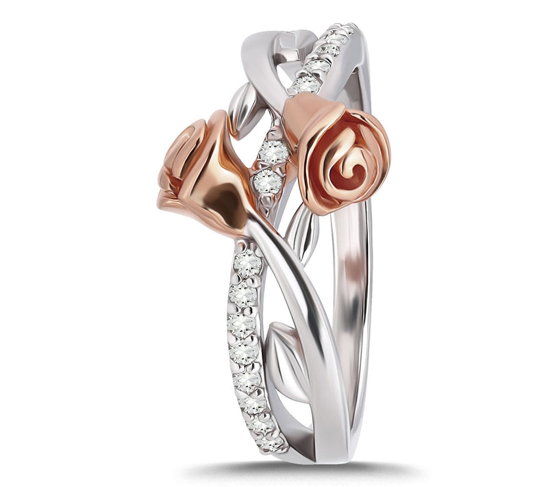 Diamonique Two-Tone Rose Design Bypass Ring, Sterling — View 6