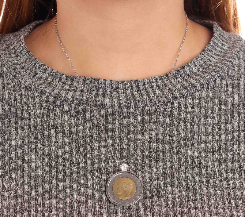 Diamonique Italia 500 Lire Coin Pendant w/ Chain, Sterling — View 3
