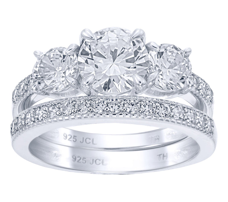 Diamonique 2.95 cttw 3-Stone Bridal Ring Set, Sterling Silver — Main view
