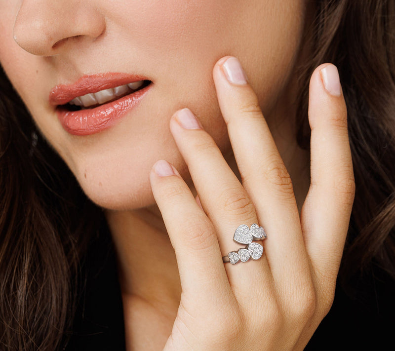 Diamonique Pave Heart Bypass Ring, Sterling Silver — View 7