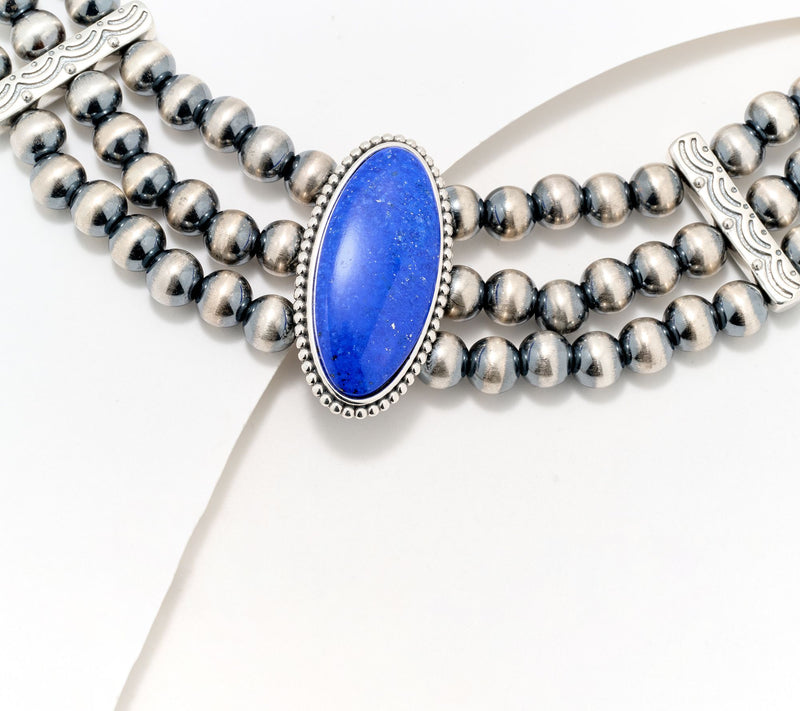 American West Sterling Silver Oval Gemstone Triple Bead Necklace — View 2
