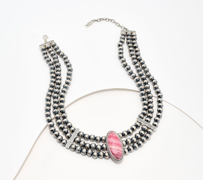 American West Sterling Silver Oval Gemstone Triple Bead Necklace — View 10