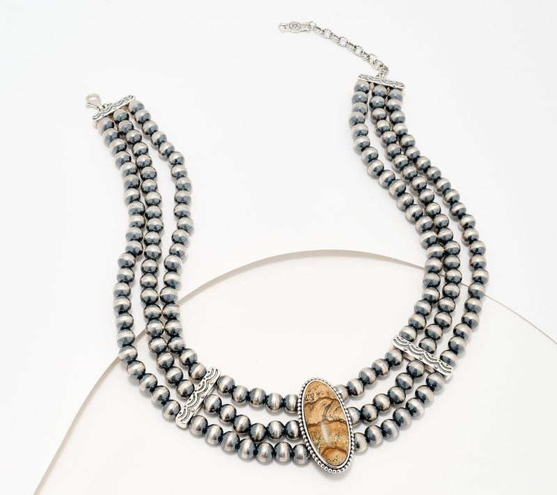 American West Sterling Silver Oval Gemstone Triple Bead Necklace — View 11