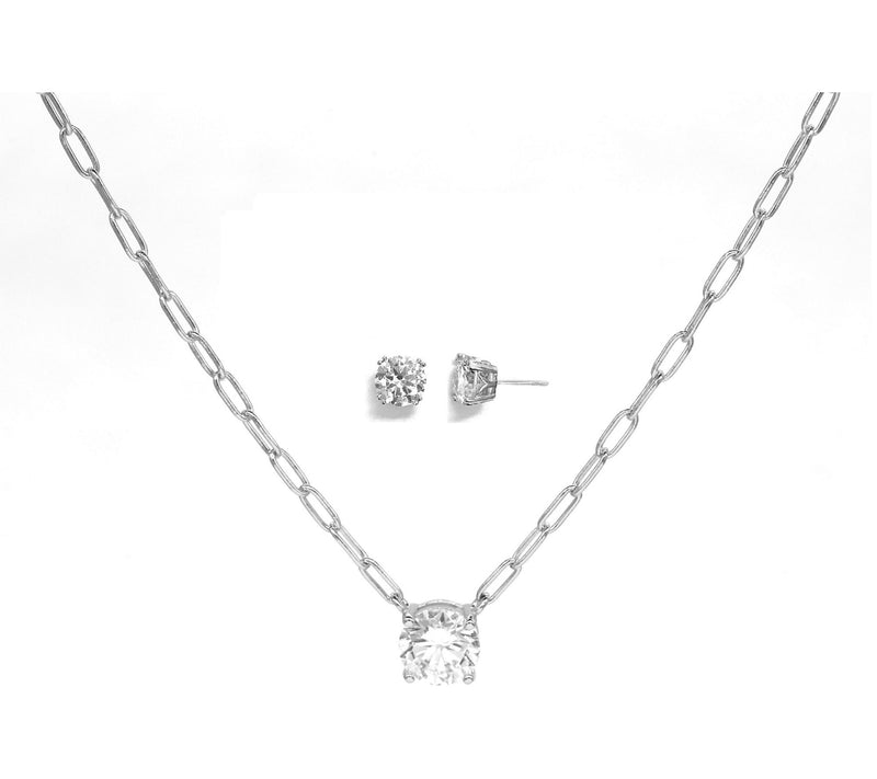 Diamonique Solitaire Necklace & Stud Earring Set, Sterling — Main view
