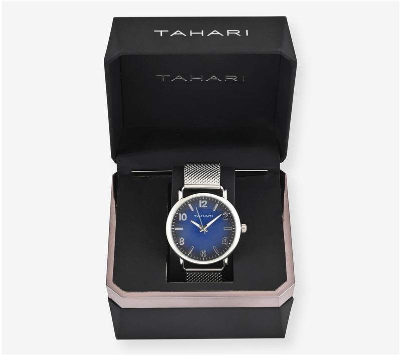 Tahari Men's Stainless Steel Blue Dial Mesh Strap Watch — View 4