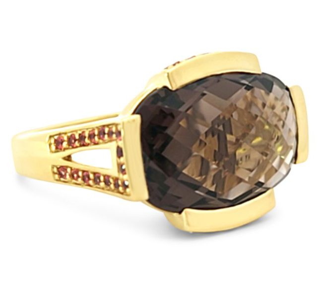 Ariva 18K Gold Clad Smoky Quartz & Orange Sapphire Ring — View 2