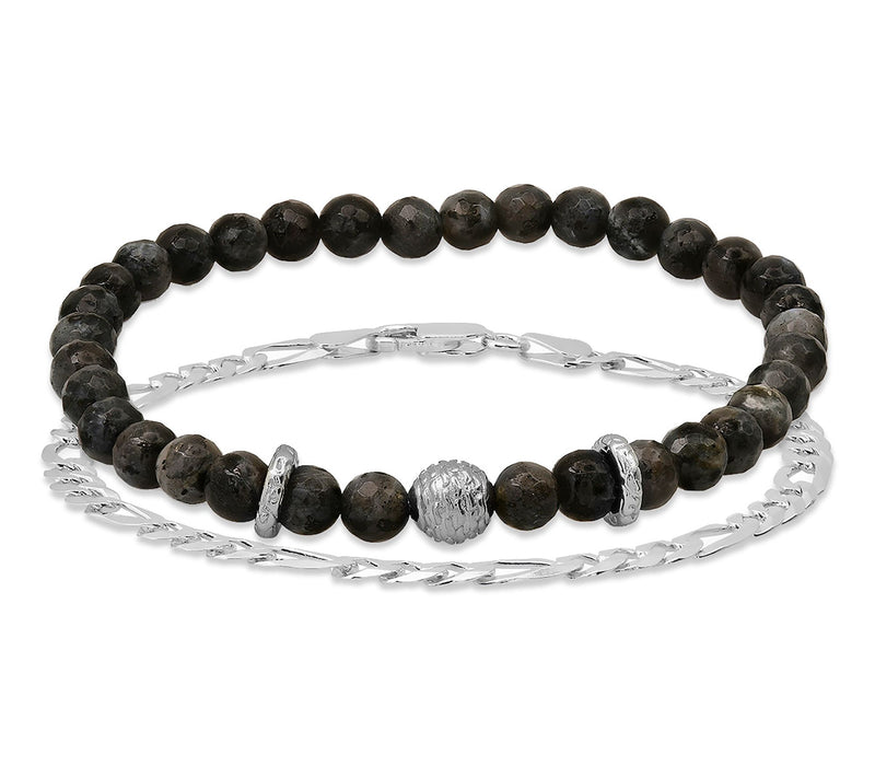 Men's Sterling Silver Grey Agate Bead & FigaroChain Bracelet — Main view