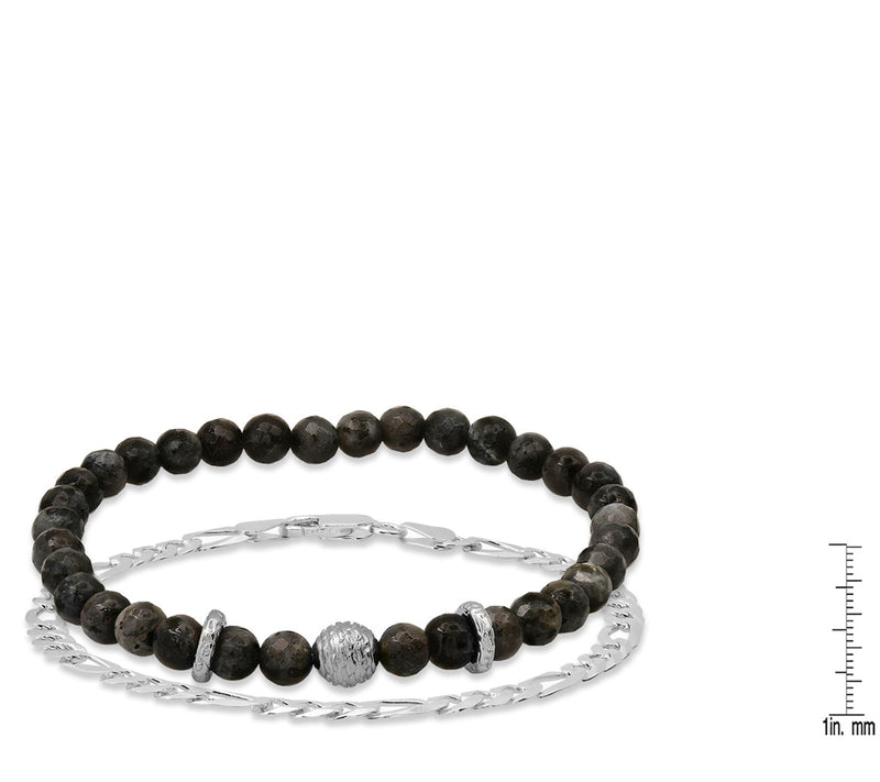 Men's Sterling Silver Grey Agate Bead & FigaroChain Bracelet — View 3