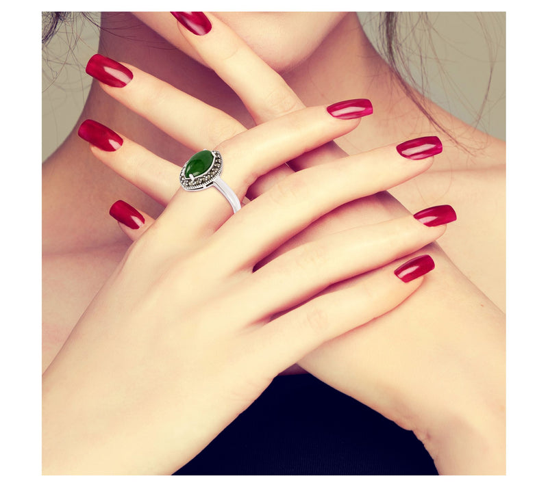 Suspicion Sterling Silver Jade& Marcasite Marquise Halo Ring — View 3