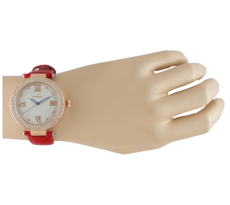 Peugeot Women's Crystal Bezel Red Leather Str ap Watch — View 4